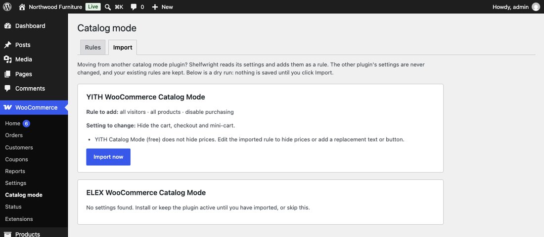 The Import tab under WooCommerce → Catalog mode with a dry run for YITH WooCommerce Catalog Mode and an Import now button