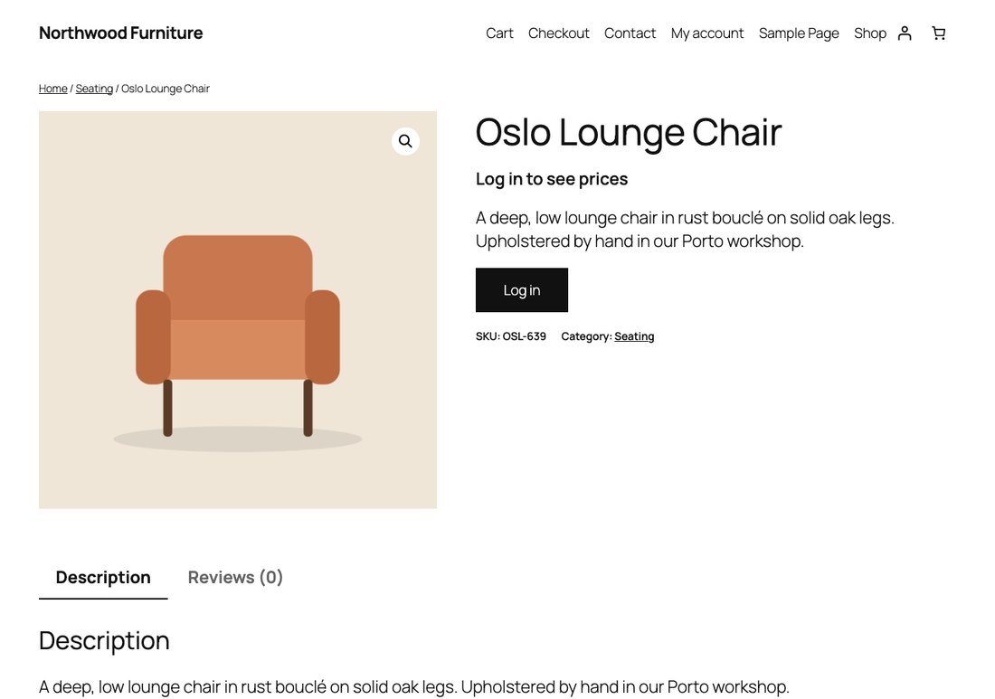 A WooCommerce product page seen by a guest: the price is replaced by “Log in to see prices” and Add to cart by a Log in button