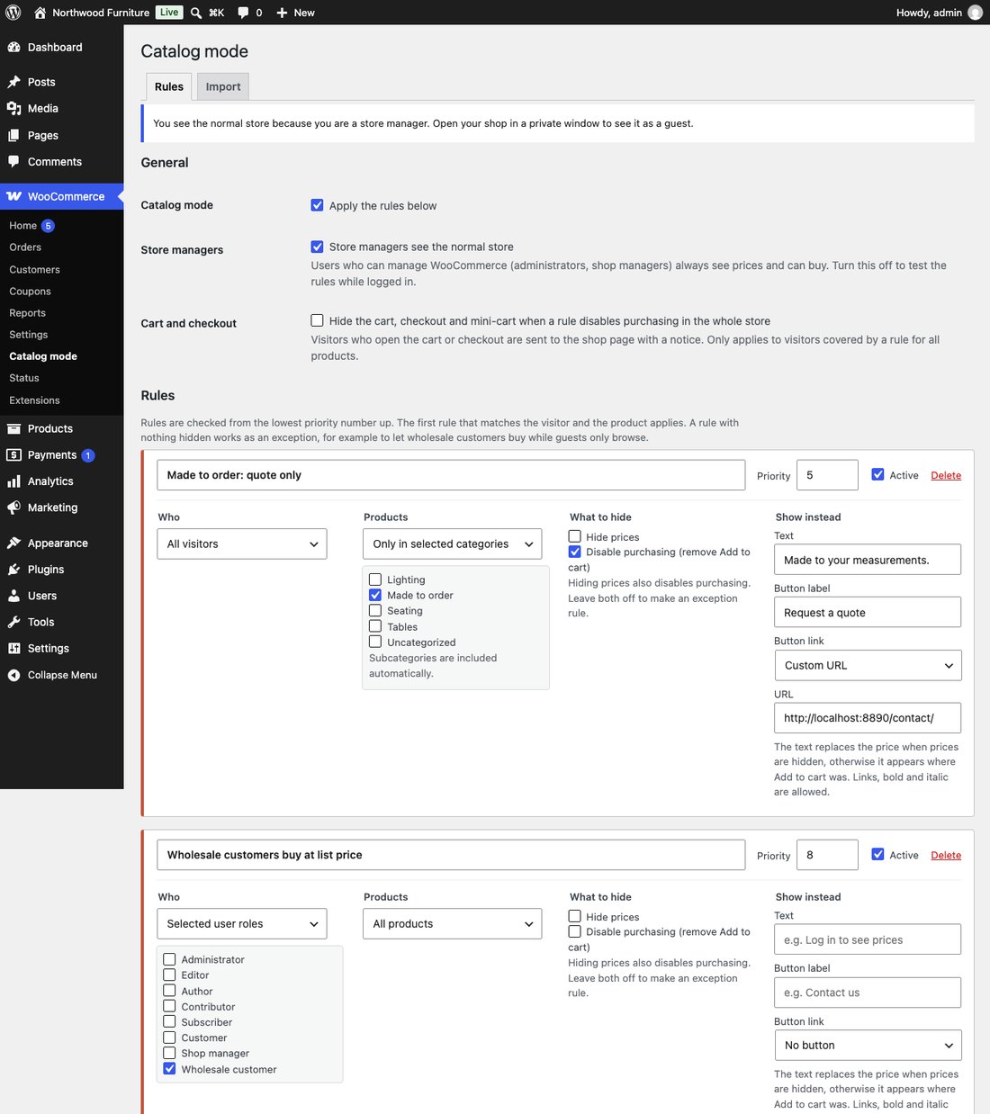 WooCommerce → Catalog mode: a quote-only rule for one category and a wholesale exception rule for a user role