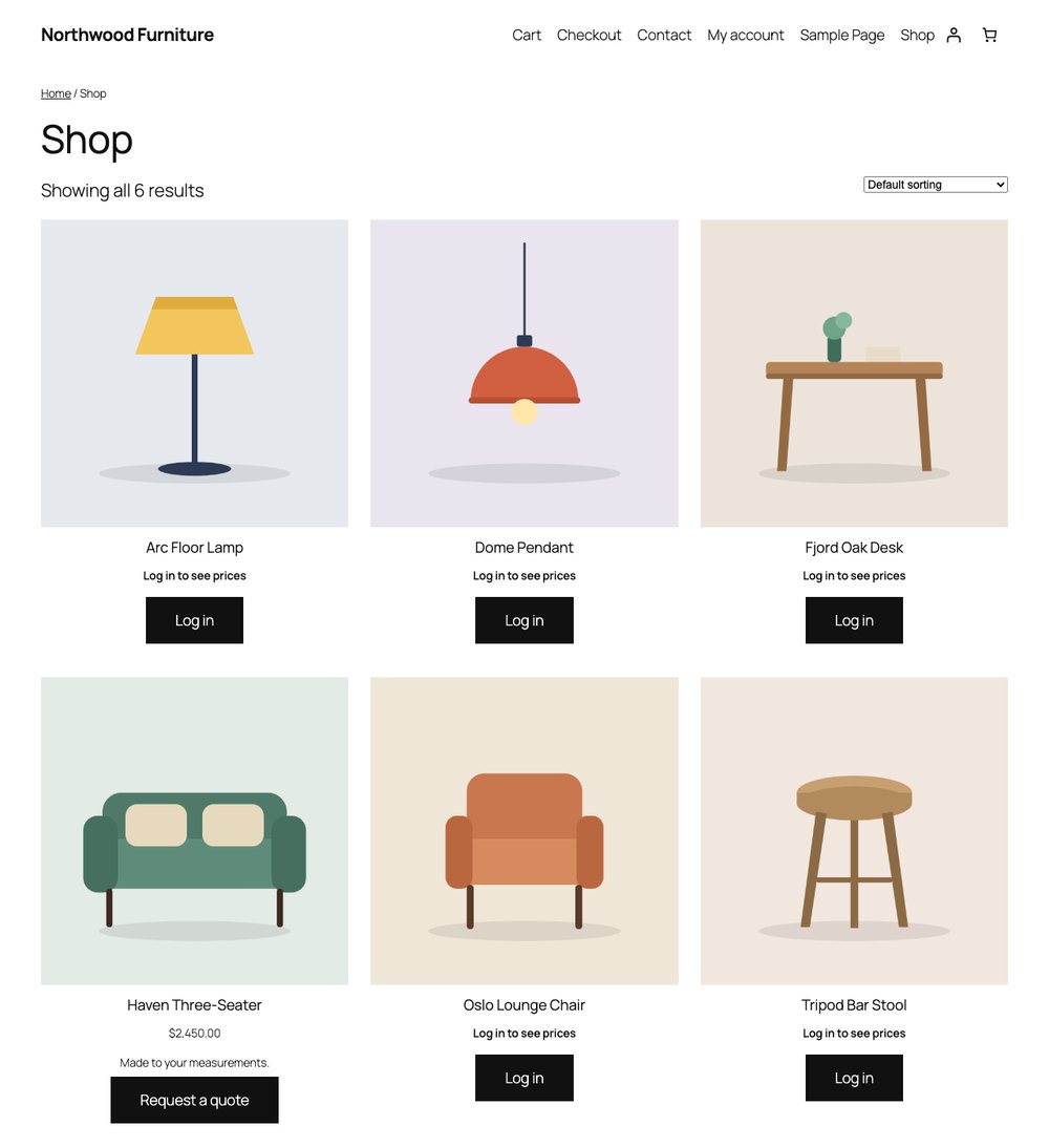 A WooCommerce shop page for a guest: most products show “Log in to see prices” and a Log in button, one made-to-order sofa shows a Request a quote button