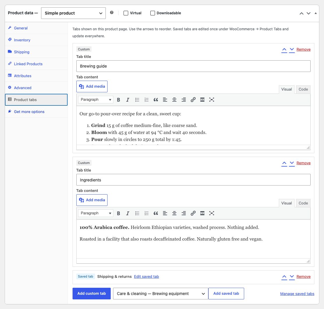 The Product tabs panel in the WooCommerce product editor