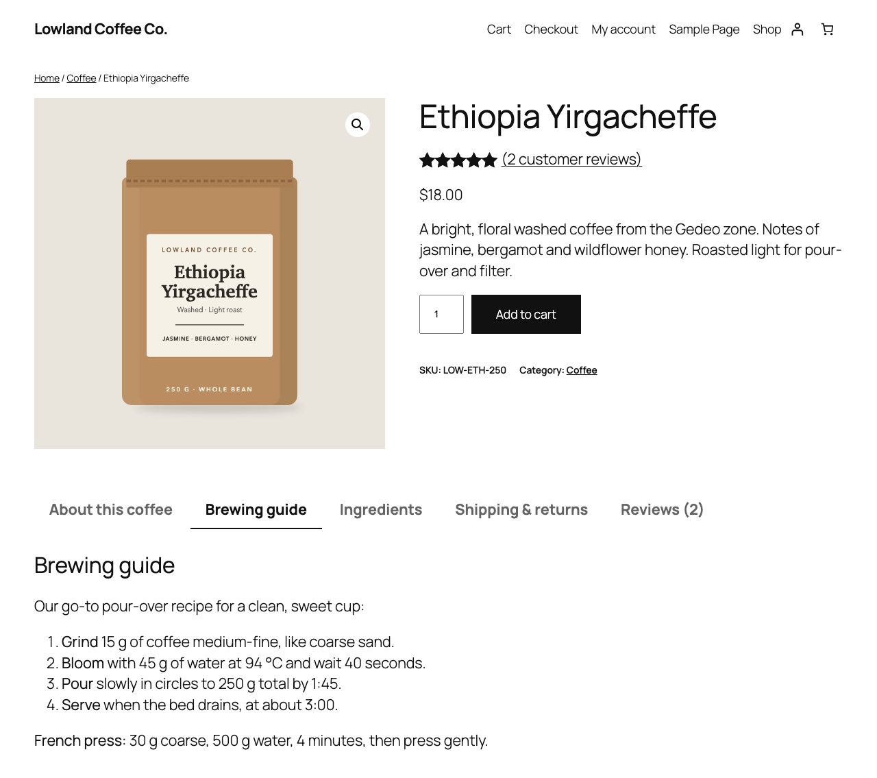 A WooCommerce product page with Tabwright tabs: About this coffee, Brewing guide, Ingredients, Shipping and returns, Reviews